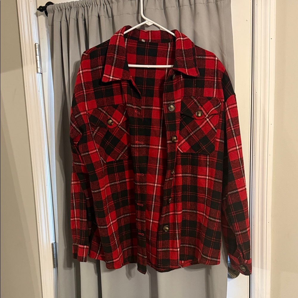Red & Black Plaid Flannel Shacket | Button Front Overshirt | Cozy Fall Layer